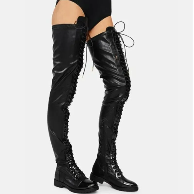 

Черные женские сапоги выше колена на низком каблуке со шнуровкой, женские ботинки в стиле панк с круглым носком и молнией
