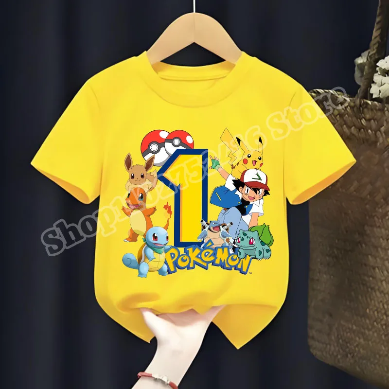 Pokemon Children Short Sleeve T-shirt Boys Girls Summer Casual Breathable Tops Cartoon Pikachu Numbers Print Pullover Kids Gifts