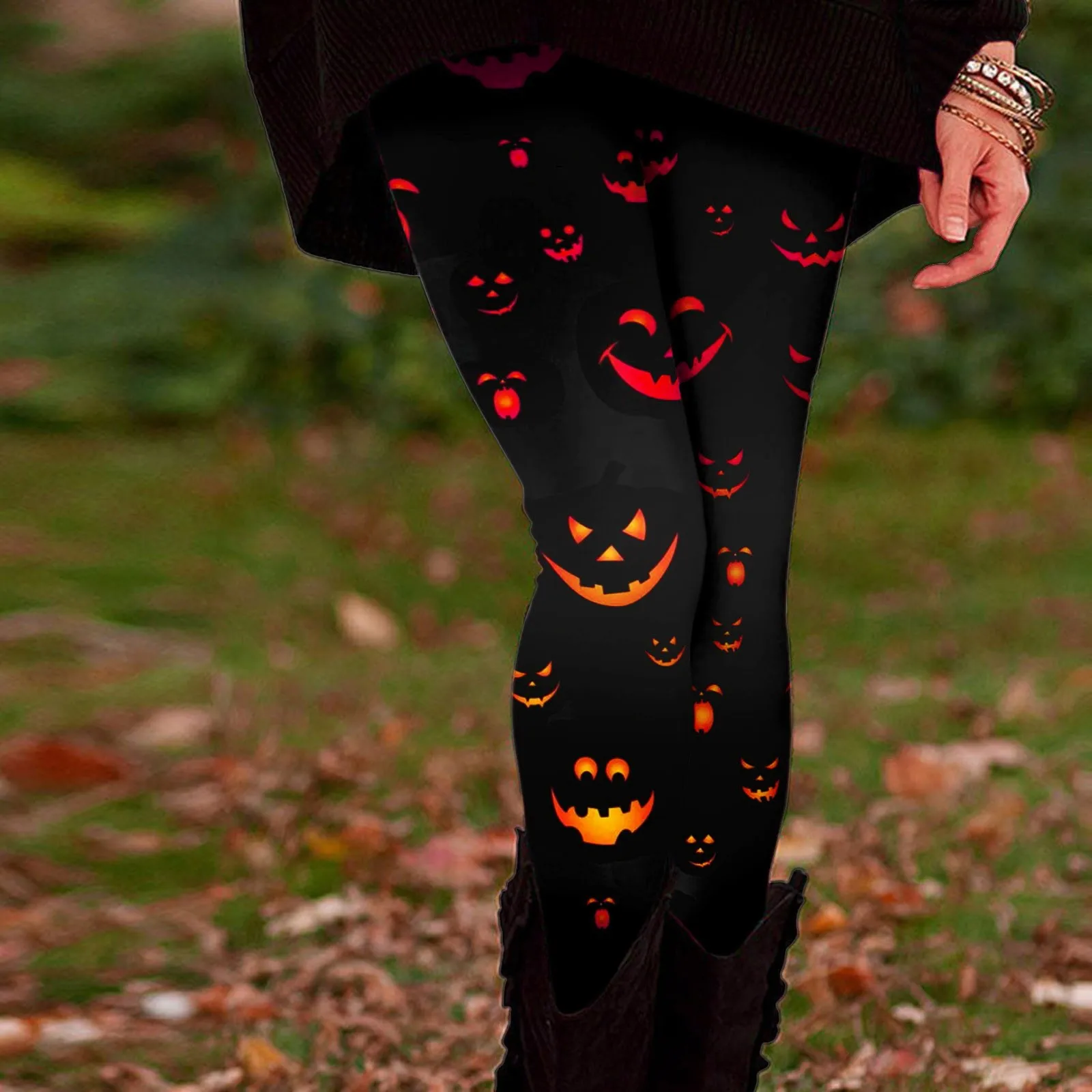 Womens Halloween Theme Casual Comfort Pants Pumpkin Head And Skull Printed High Waist Warm Slimming Smooth Leggings Long Pants