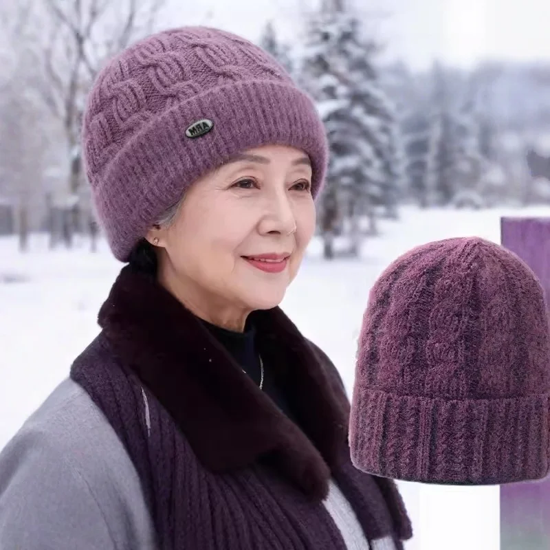 

Теплая зимняя вязаная шапка для женщин, ветрозащитная, без козырька, круглая, для женщин старше 60 лет и мам.
