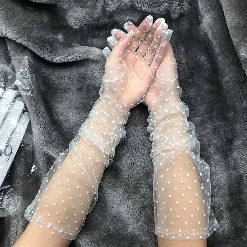 1-4pairs Women Sexy Lace Black Gloves Gauze Wavy Dot Mittens Fashion Sunscreen Breathable Bridal Wedding Long Fishnet Gloves