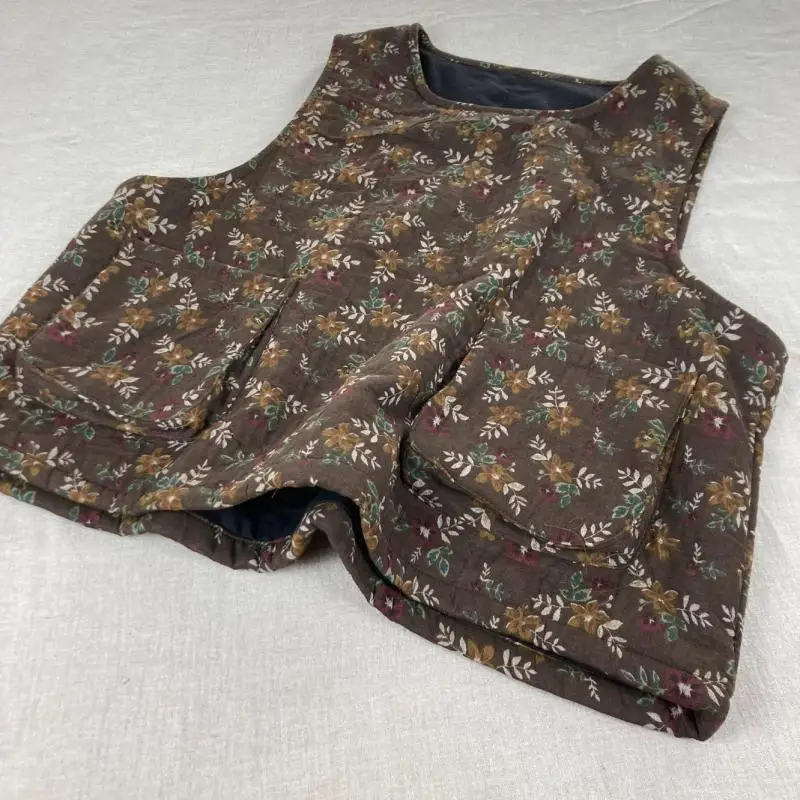 秋冬芸術スタイルの女性ルーズノースリーブコートダブルポケットヴィンテージ花柄厚いコットンリネンプルオーバーベスト T35