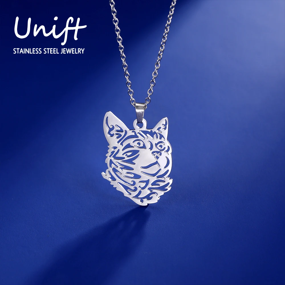 Unift Cutout Kitten Cat Necklaces for Women Men Stainless Steel Jewelry Cartoon Animal Drawing Pendant Pet Lover Birthday Gift