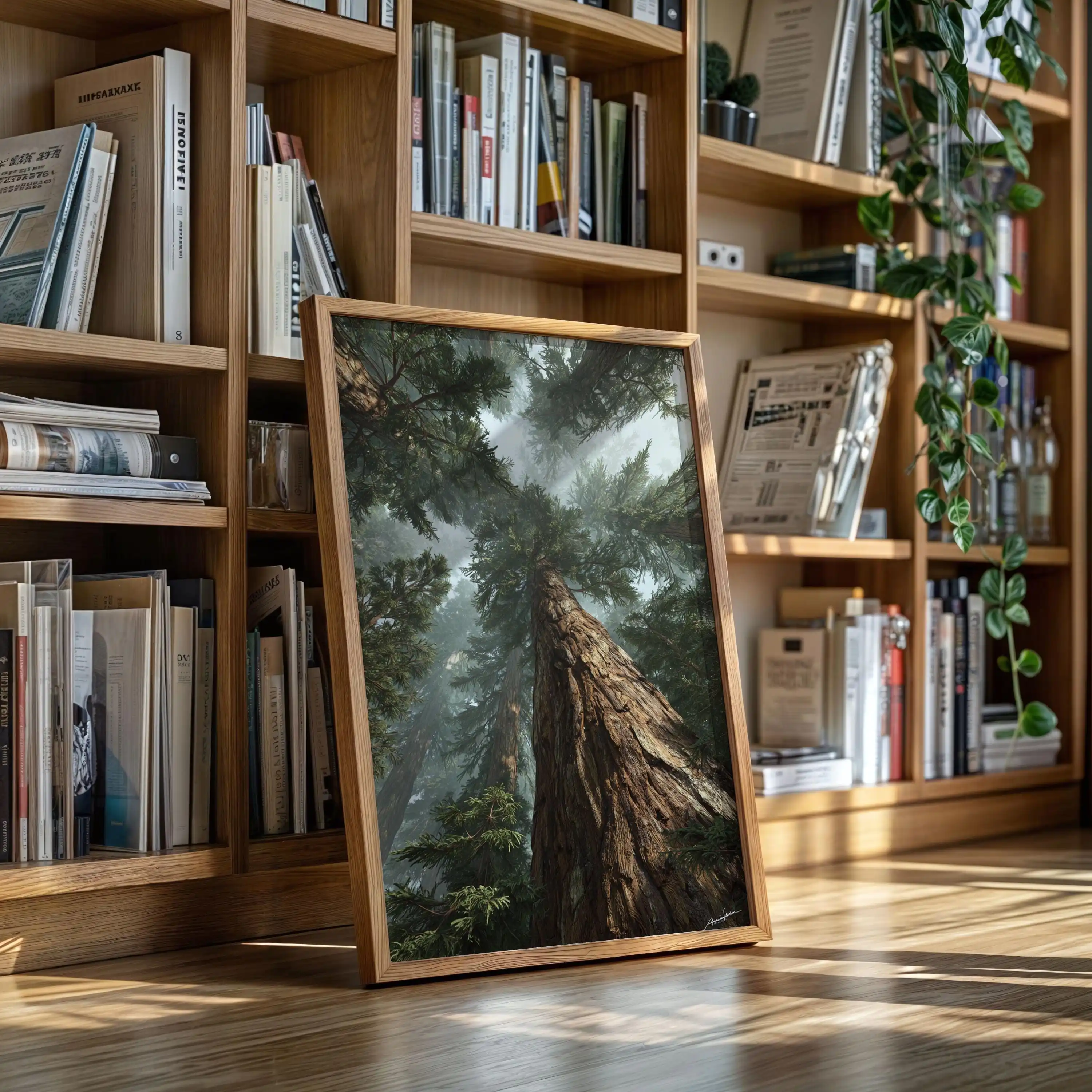 Decorative canvas print: Majestic redwood forest towering trees standing tall in a misty desert Suitable for rustic home decor