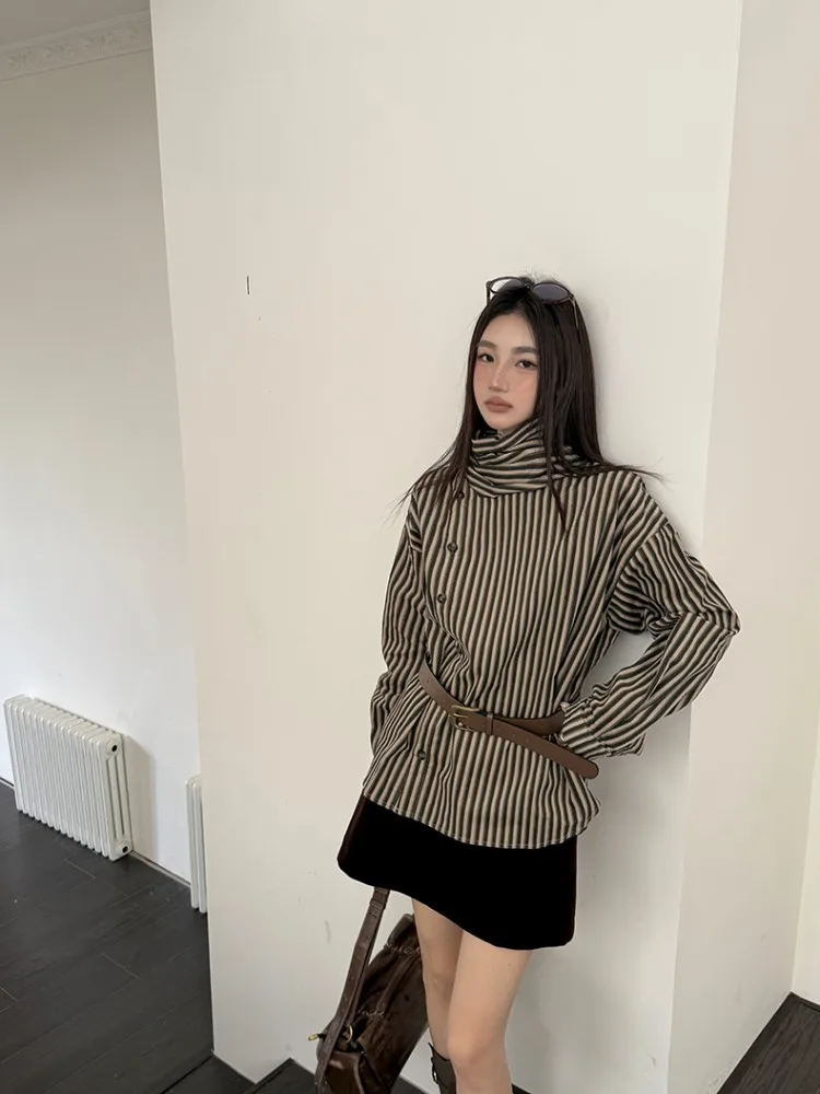 Retro Striped Shirt With Women'S Spring And Autumn Slanted Placket Design, Corduroy Loose Long Sleeved Top