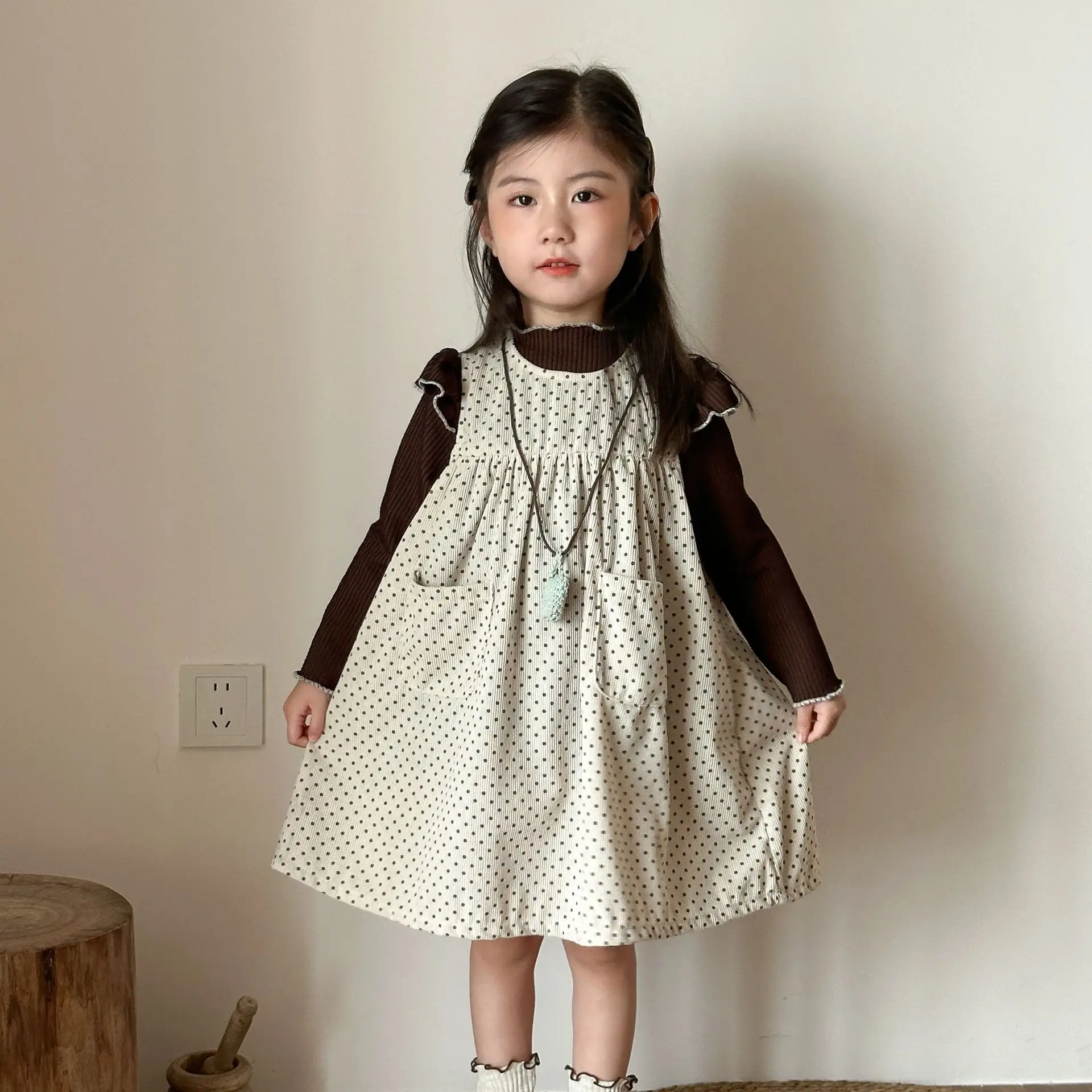 

2025 Autumn New Children Girls Polka Dot Dresses Toddler Kids Corduroy Vest Dress Optional Coffee Shirts