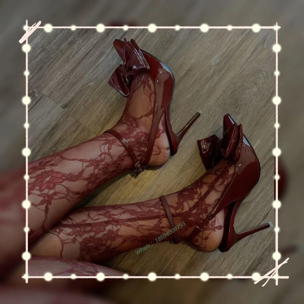 赤い蝶結び飾りパンプスサンダル、ポインテッドトゥスティレットハイヒール、女性用細ヒールハイヒールシューズ2025、レディースシューズ