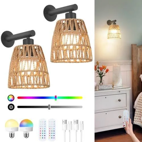 

Беспроводной настенный светильник Boho из ротанга с питанием от батареи, RGB, 15 цветов, диммируемый, перезаряжаемый, черный, для помещений
