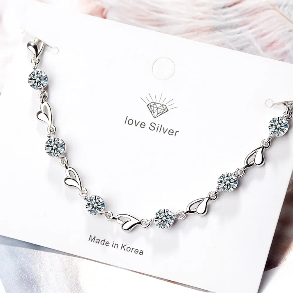 925 Sterling Silver Sweet Fashion Love Zircon Bracelet Birthday Anniversary Holiday Wedding Gift