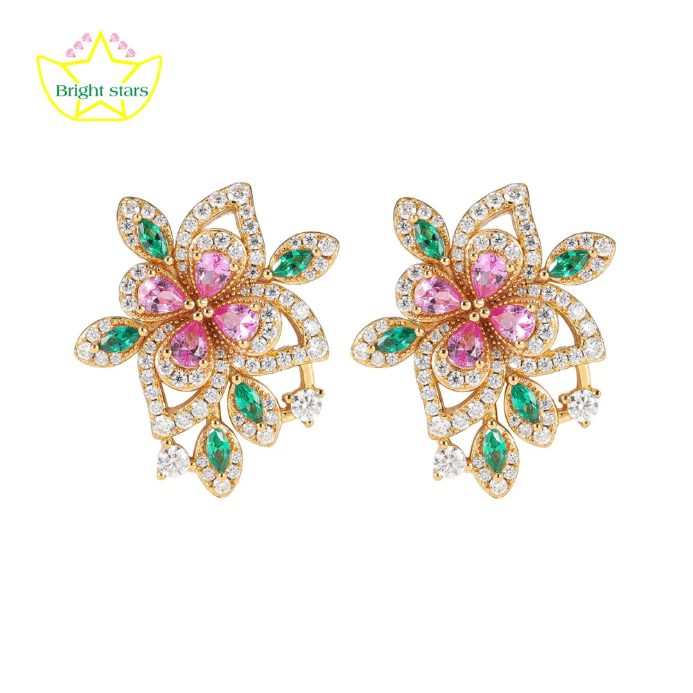 Bright Stars High-end new design fashion simple S925 silver colorful Jewelry retro flower earrings