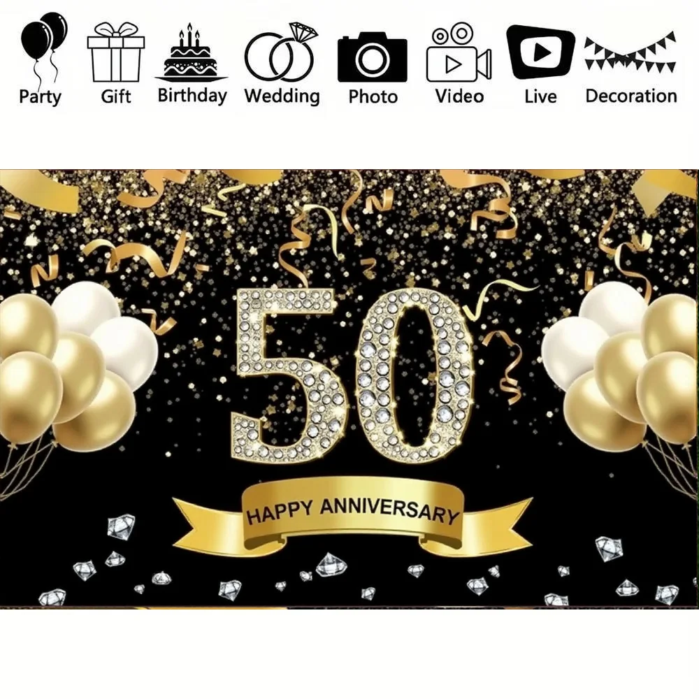 Happy 50th Anniversary Backdrop 180*110cm Banner Man Woman Gold Them Balloon Wedding Anniversary Party Decors Wall Background