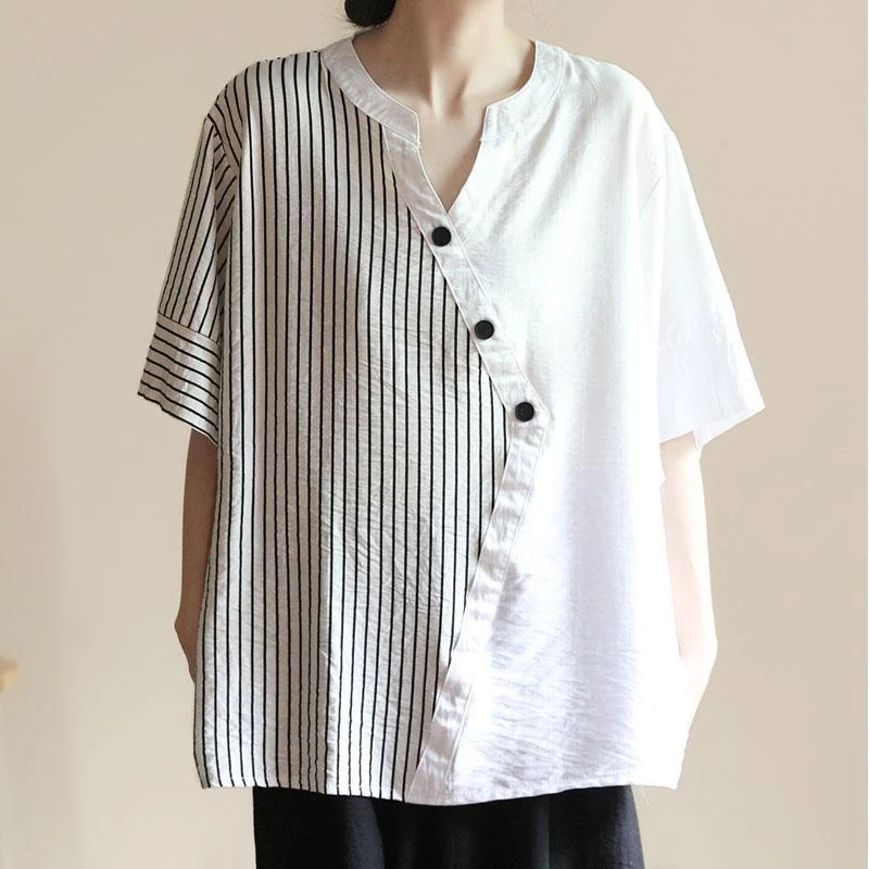 Women Striped Patchwork Streetwear Oversized Asymmetrical Shirts Summer Trendy V Neck Short Sleeve Blouse Casual Linen Tops Ropa