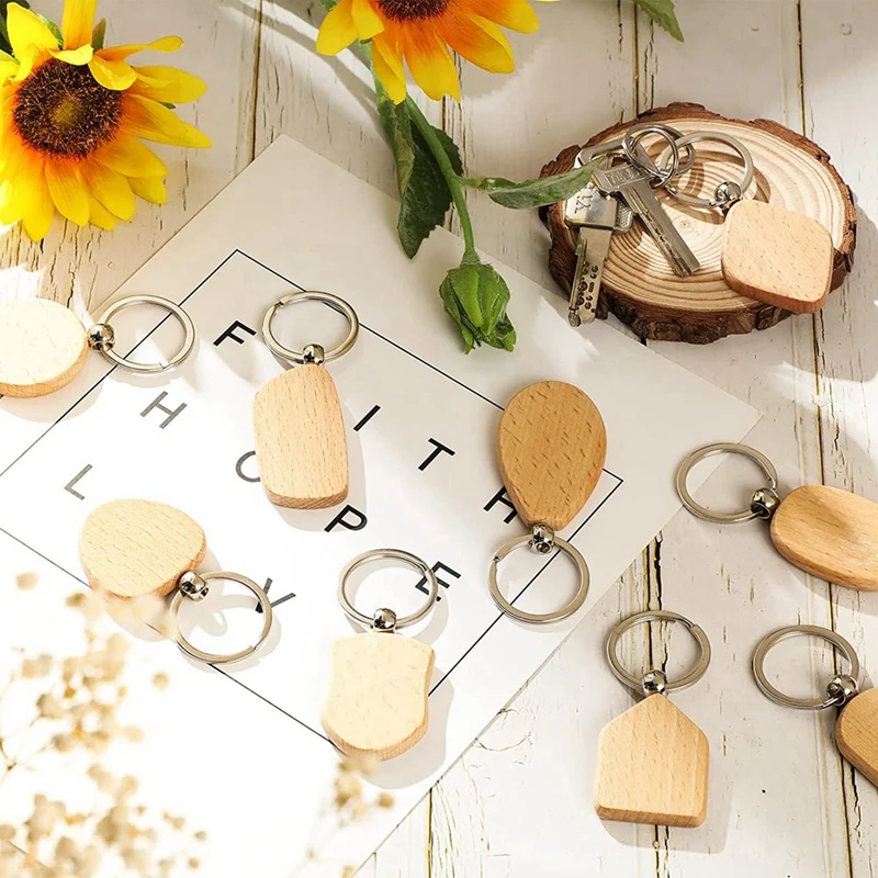 20Pcs Wood Blank Wooden Keychains Blank Unfinished Wooden Key Tag With Ring Key Chain For DIY Craft Easy To Use