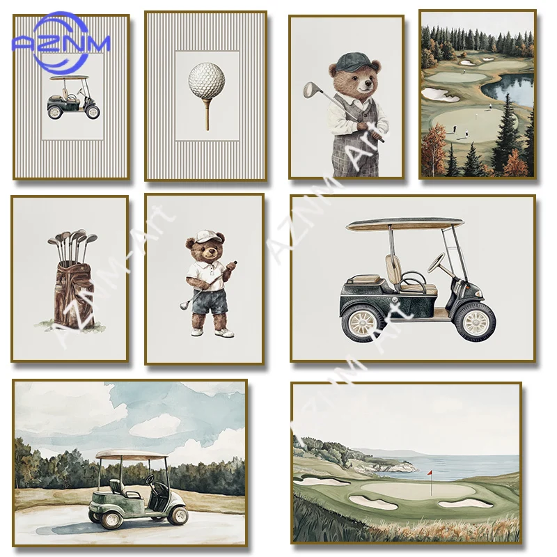 Teddy Bear Golf Bag Ball Golf Course Tiny Golfers Poster Canvas Painting Print Wall Art Picture for Living Room Home Decor