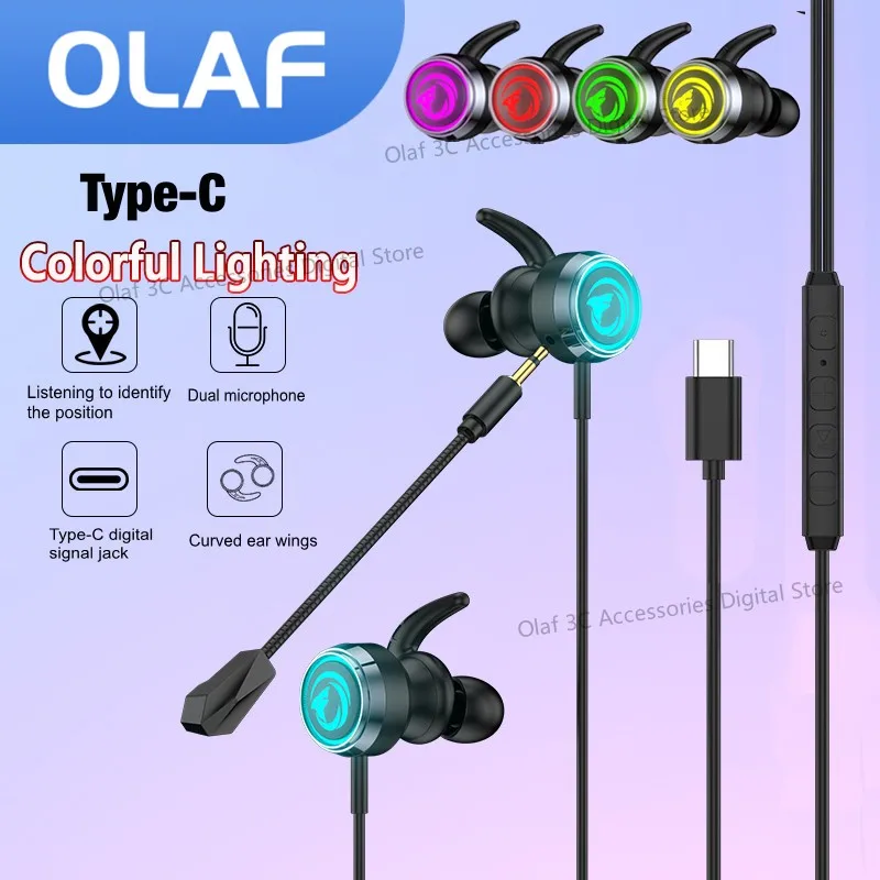 OLAF-auriculares con cable tipo C para videojuegos, cascos estéreo de graves HiFi, micrófono Dual, manos libres con LED para Samsung