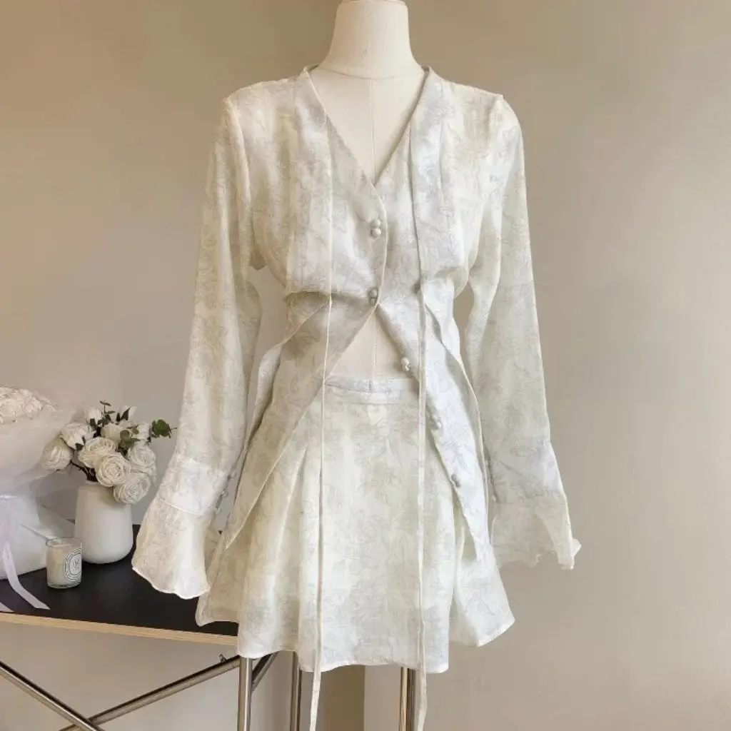 Women's Summer New Chinese Style Suit Solid Color Casual Shirt Top Small Guofeng Two-piece All-match