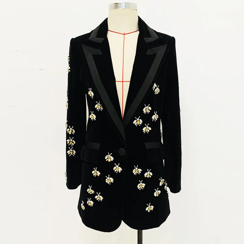 Bee Beads Crystals Women Suit Flat Collar Gorgeous Golden Velvet Tops Loose Formal Black Long Sleeve Blazer New Arrival In Stock