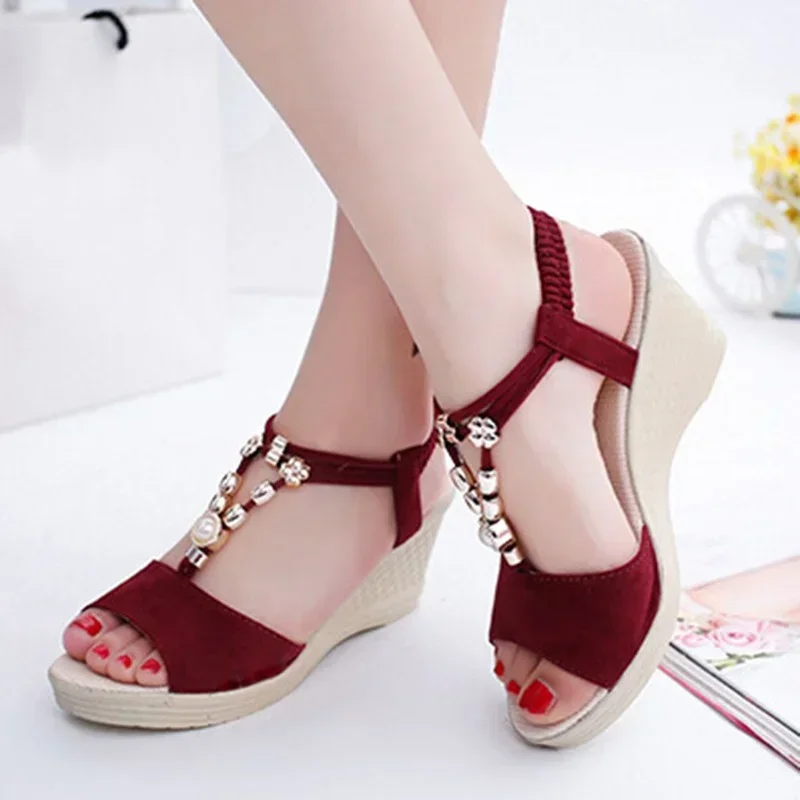 2024 Summer Ladies Platform Wedge Sandals with Rhinestone Red Beige Casual Comfortable Slope Heel Open Toe Shoes Women\'s Luxury