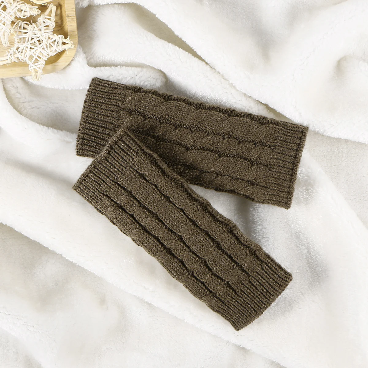 

20 CM Khaki Gloves Knitted Winter Arm Sleeve Men and Women Warm Fingerless Long Thumb Hole