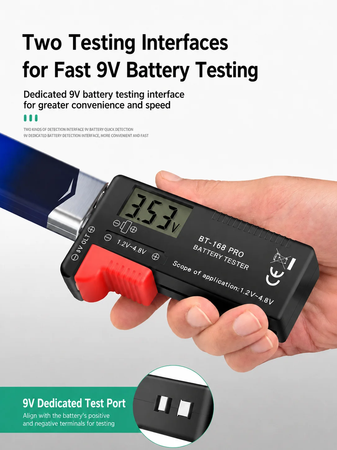 Universeller digitaler Batterietester für AA, AAA, C, D, 9V, PP3, 6F22, R03, LR14, R20 Batterien, Spannungsmesser mit LCD-Display – Detail 10
