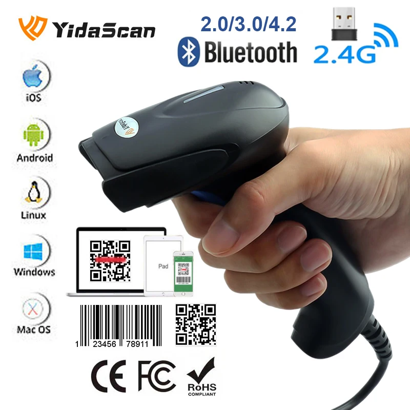 

Ручной лазерный сканер штрих-кода YidaScan, беспроводной 1D 2D считыватель QR-кода, USB-проводной Bluetooth-сканер штрих-кода PDF417 IOS Android