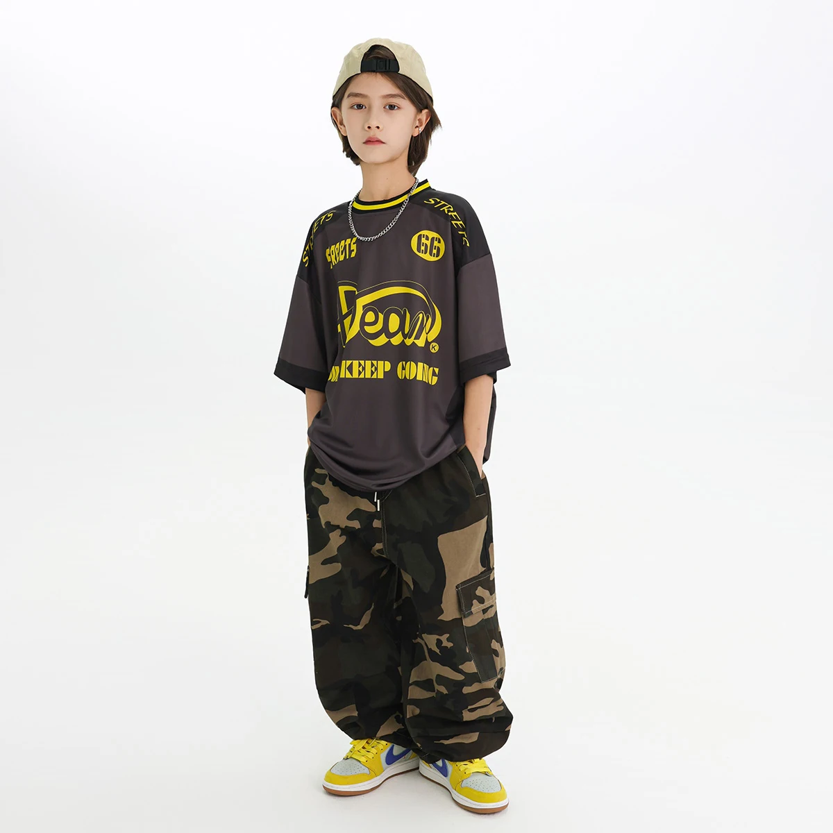 Street Dance Jongens Jazzdans Kostuums Losse Sport Print T-shirt camouflage Broek Hip Hop Dansvoorstelling Stadiumkostuums DN21236
