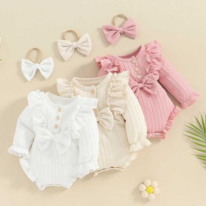 

2023-11-30 Lioraitiin 0-12M Spring Infant Baby Girls Autumn Ruffle Bodysuit ong Sleeve Button Jumpsuit Headband Casual Clothes