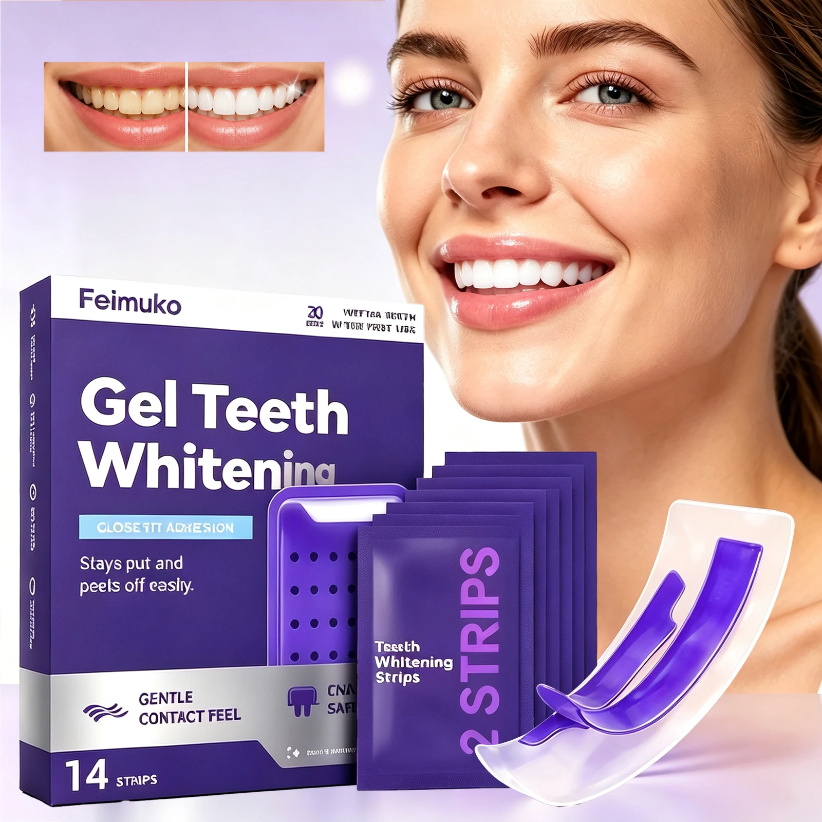 Purple Teeth Whitening Strips Kit Safe Remove Yellow Stains & Plaque Brighten Tooth Keep Lasting Oral Hygiene Care for Women Men