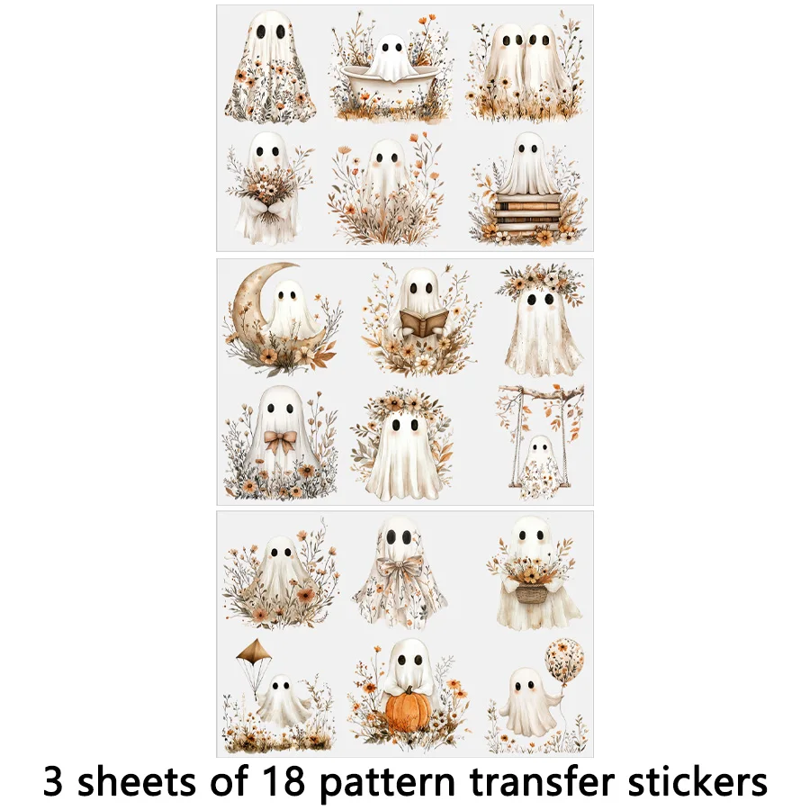 3pcs Halloween Fall Boho Ghost DIY UV DTF Rub On Tumbler Glass Cup Can Wrap Transfer Sticker Craft Coffee Mug Cards Party Decor