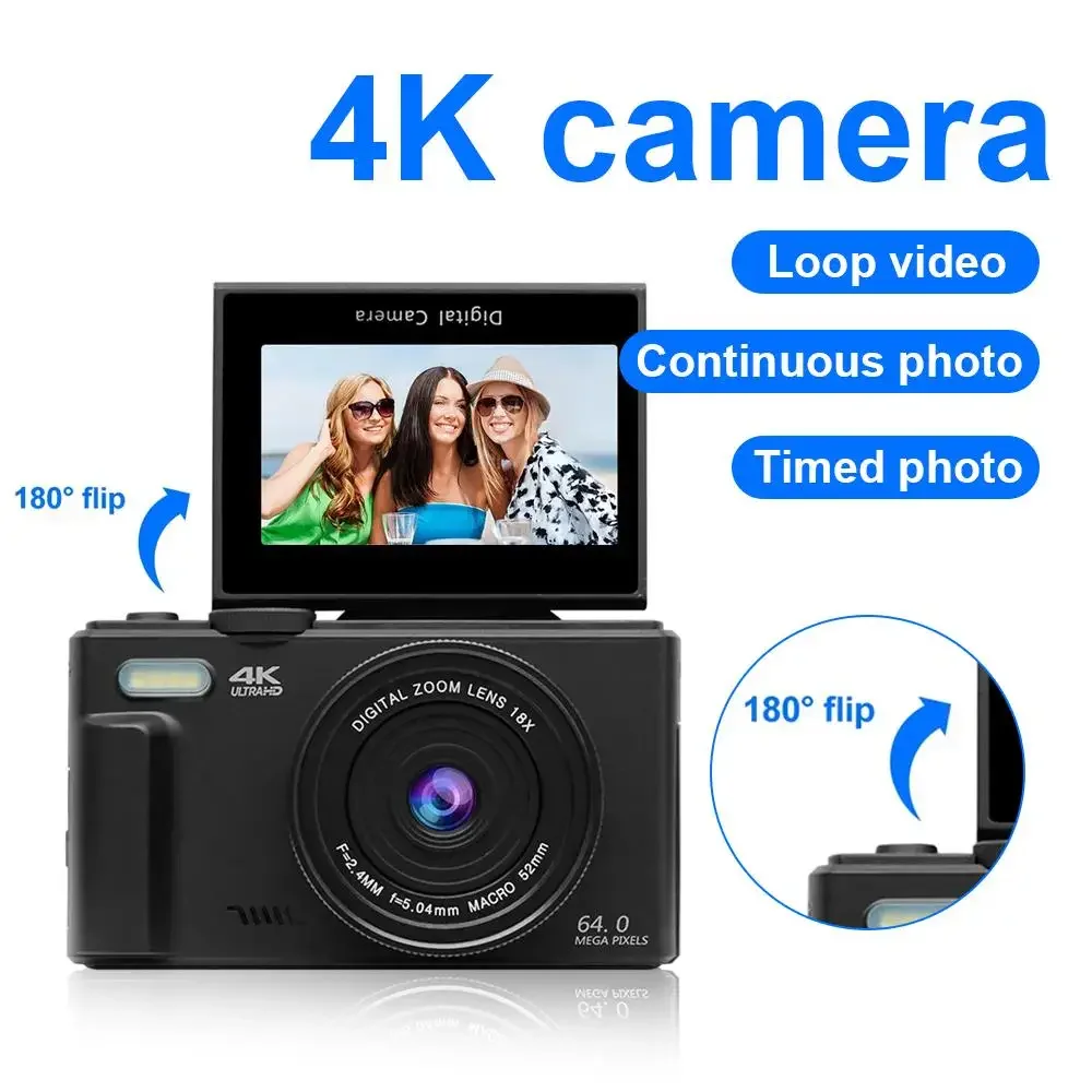 

Compact Digital Photography Camera 4K 18X Digital Zoom Vintage Vlog Video Recorder YouTube 180° Flip Screen Selfile With Flash