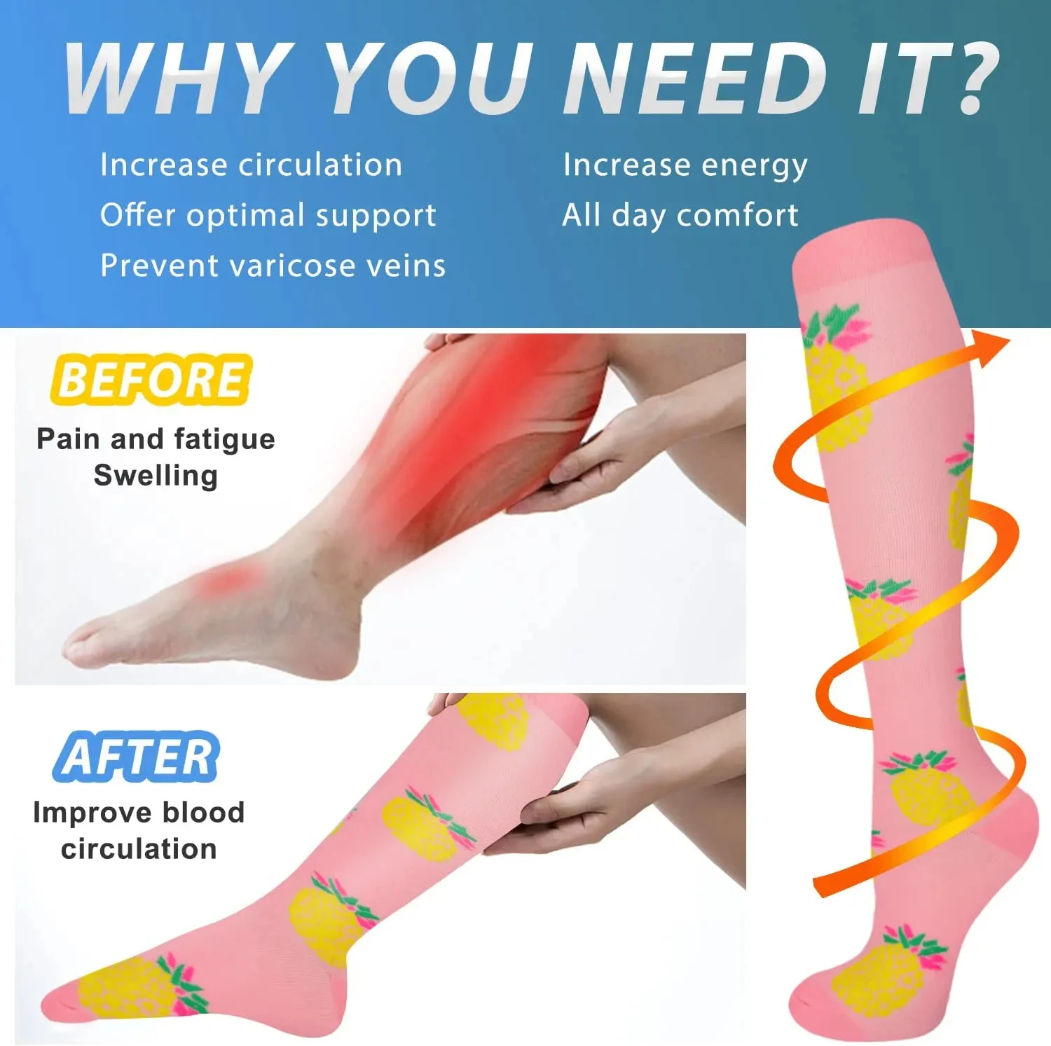 3 Pairs Compression Socks Men Women Varicose Socks 20-30mmHg Edema Diabetes Nurses Running Natural Hiking Cycling Sports Socks