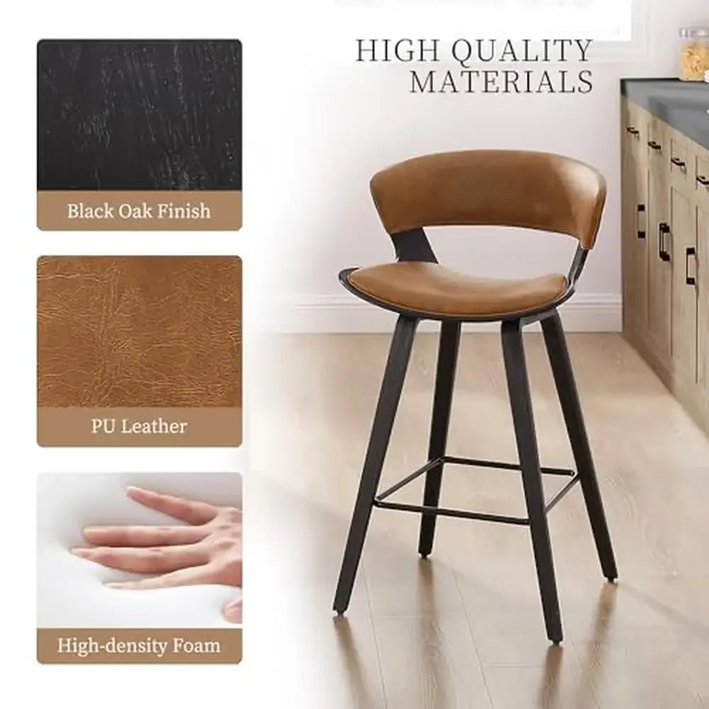 Modern Leather Bar Stools Set of 4 High Back Counter Height Chair Dining Home Island Kitchen Wood Frame Ergonomic Design Gentle