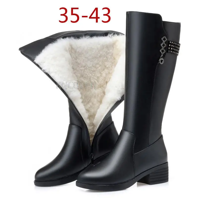 Leather boots winter h wool high boots mid-heel boots thick-soled large size women\'s cotton boots thick-heel mother shoes