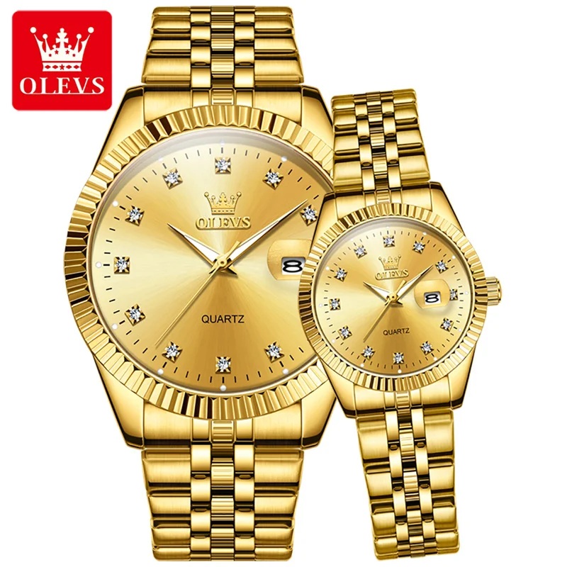 OLEVS Watch Sets For Her And Him Diamond Business Stainless Steel Male Female Wristwatches Couple Items For Lovers Relogio