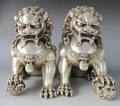 Chinese Home Fengshui Silver Guardian Lion Foo Fu Dog Male Female Lion pair statues Decoration 100% real Tibetan Silver