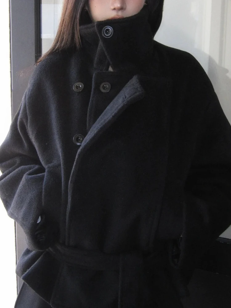 Französischer einzigartiger Vintage-Wollmantel für Damen, lockerer Stehkragen, Krawattengürtel, lange Jacke, einfarbig, elegante Büro-Casual-Oberbekleidung