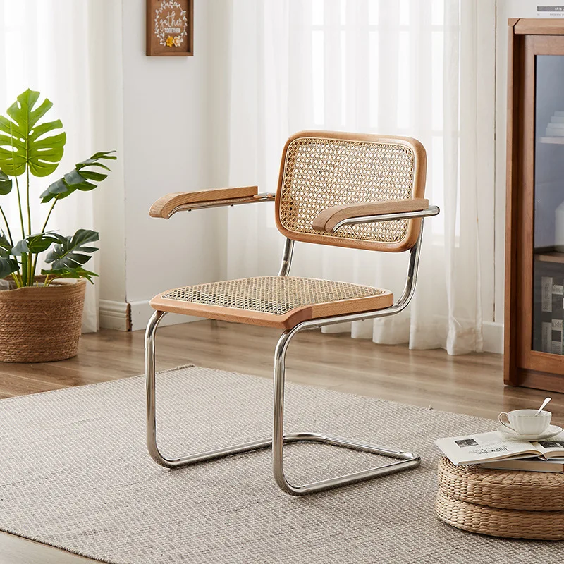 Solid wood dining chair simple modern rattan retro leisure  dining room living room study wrought iron  backrest
