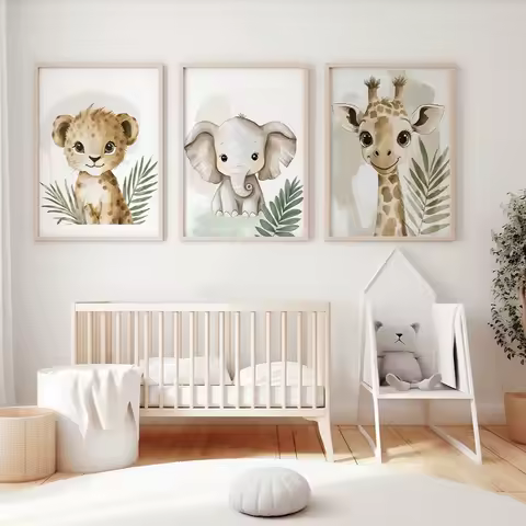 Giraffe Elephant Leopard Jungle Animal Canvas Print Safari Nursery Wall Art Poster Modern Living Room Kindergarten Home Decor
