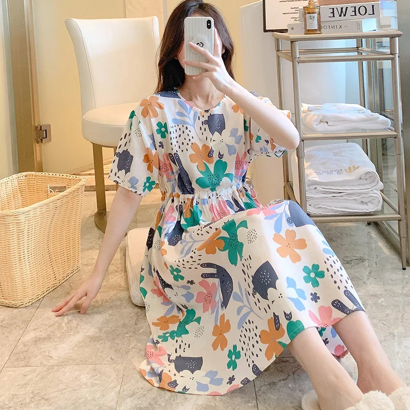 New Fashion Nightdress Ladies' Cotton Silk Nightgown Gown Outerwear Dress Sleepwear Women Elastic Belt