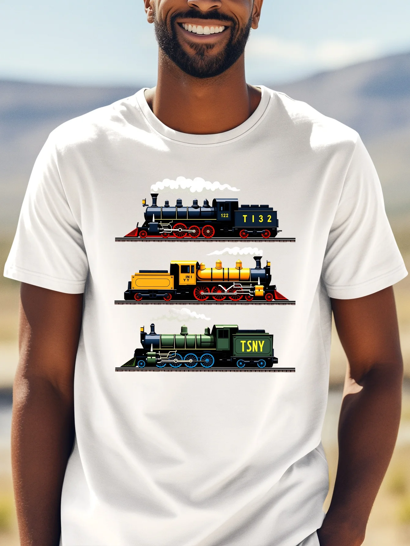 Men Cotton Loose Tee Vintage Steam Train Graphic Short Sleeve Shirts Railway Fans Casual Summer Street Tops For Adult Males