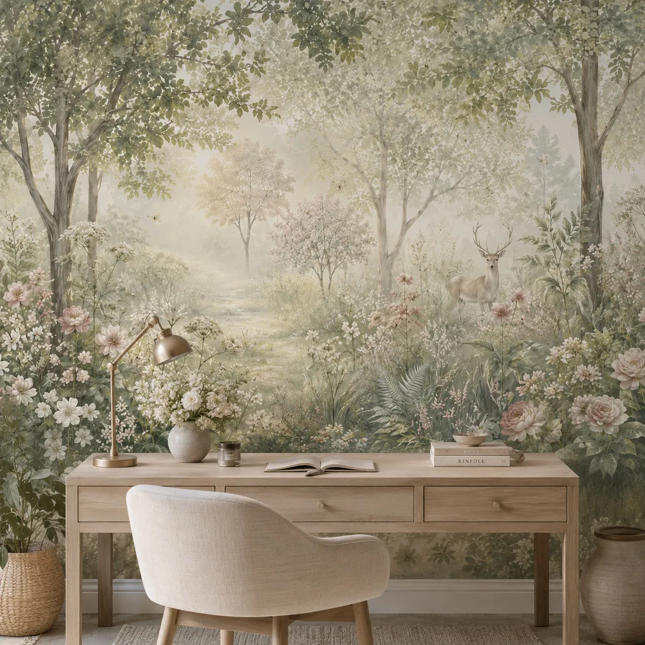 Misty Woodland Deer Wall Mural Wallpaper Pastel Floral Forest Garden Nature Landscape Living Room Bedroom Non Self Adhesive
