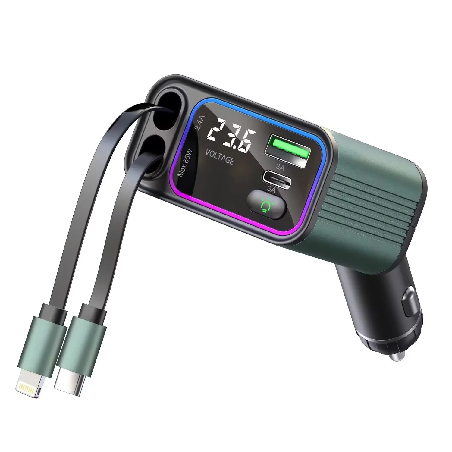 2024 New Style Retractable Cable 4-in-1 Fast Charging Car Charger Color Ambient Light High Power 65W+25W USB Connection Smart