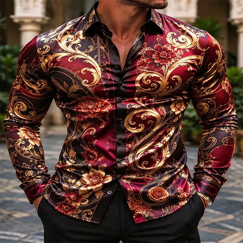 Men's Red Gold Baroque Floral Print Satin Long Sleeve Shirt Luxury Glossy Slim Fit Button Up Shirt Wedding Party Formal Dress Sh