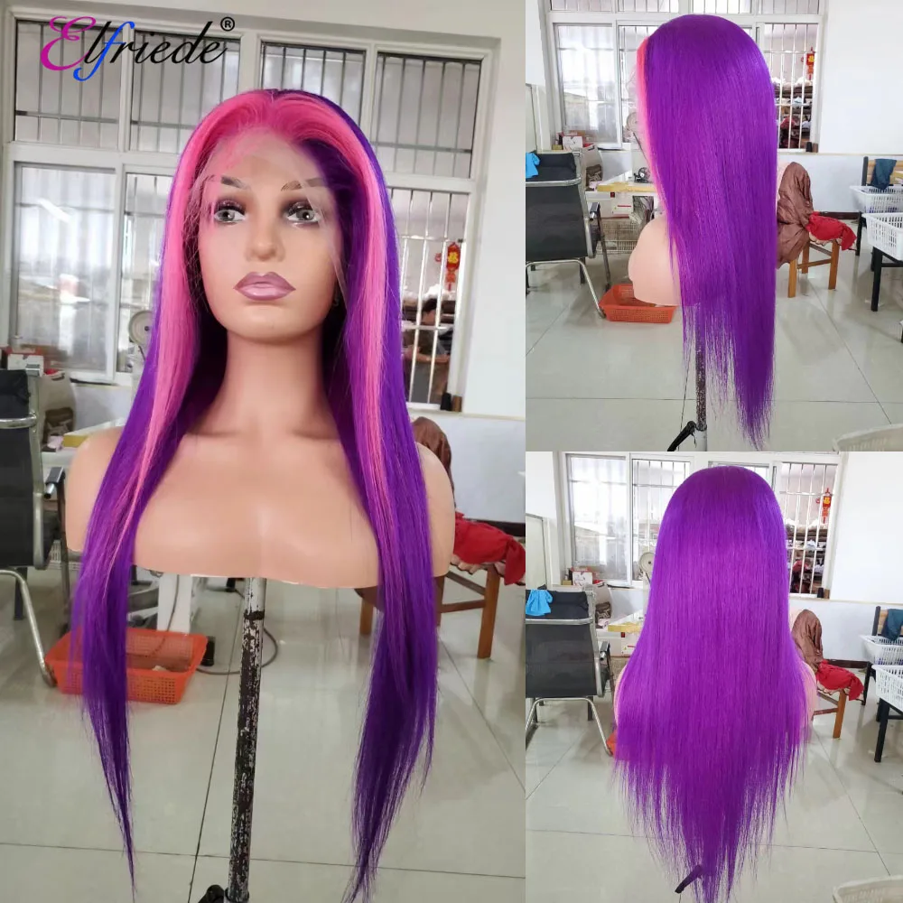 Elfriede Straight Purple Pink Skunk Stripe Wigs for Women Wig 4x4 13X4 13X6 HD Lace Frontal Wig 100% Remy Human Hair Wigs