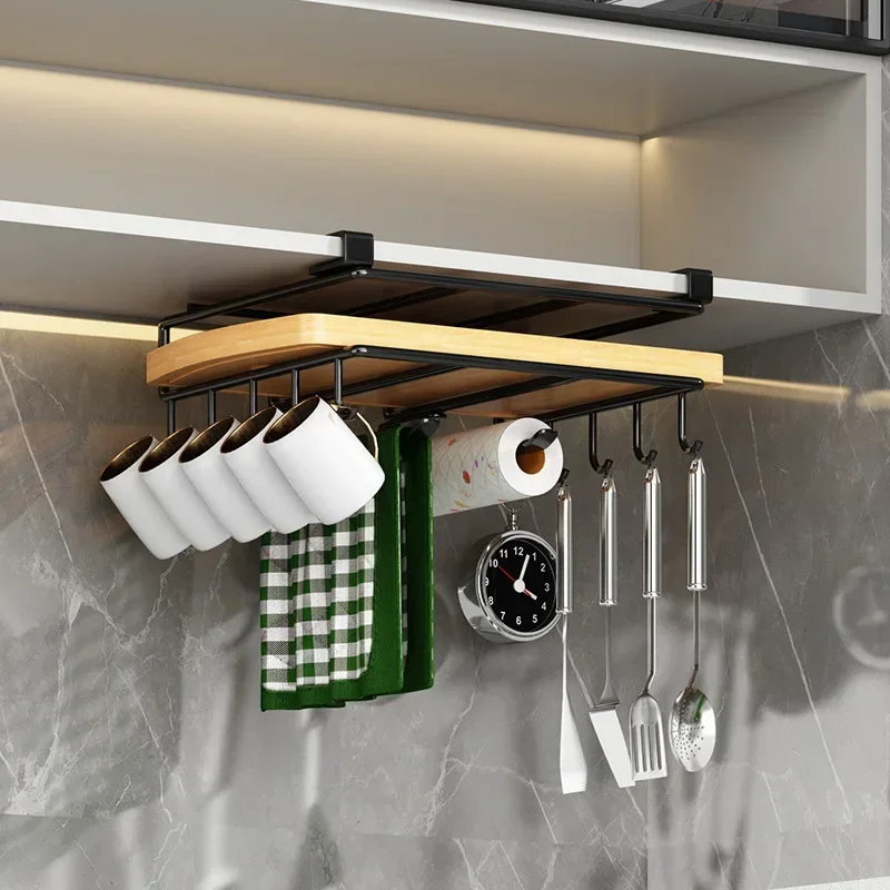 Kitchen Cabinet Under Shelf Metal Cupboard Hanging Hooks Mug Cup Hanger Cutting Board Pot Cover Holder Towel Tissue Storage Rack