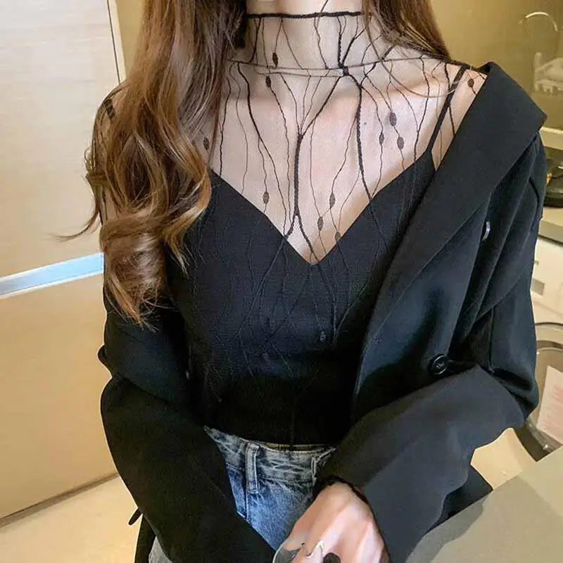 Sexy Mesh Women's T-Shirt Summer Fashion Thin Bottom Shirt Lace Sheer Long Sleeve Blouses Ladies Tops High Neck Tee Solid Color