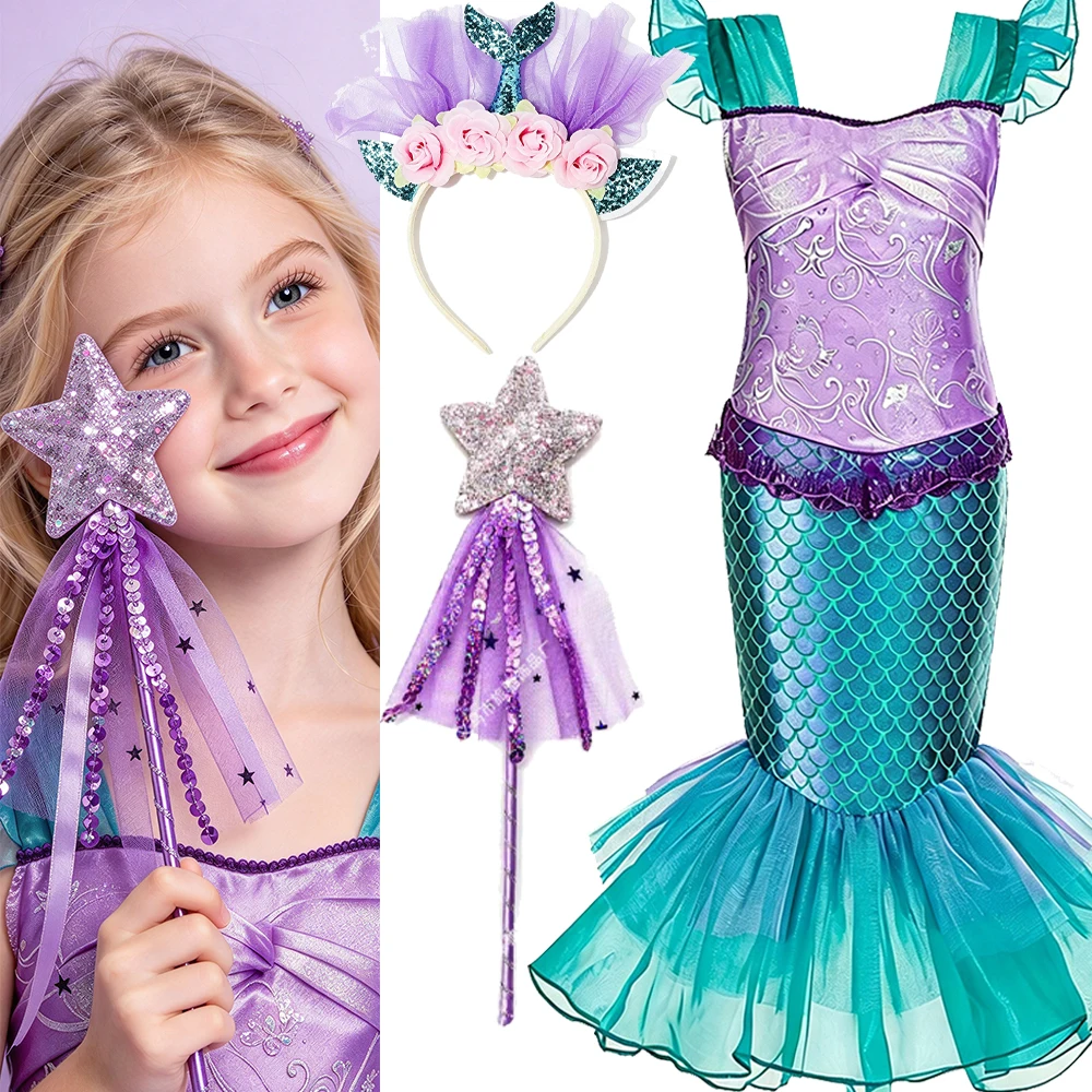 Mermaid Costume Set for Girls Purple Fish Tail Dress Cosplay Outfit for Halloween Carnival Birthday Christmas Party