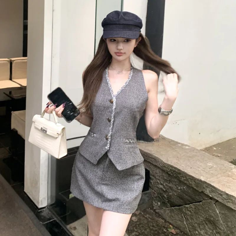 

Жилет с v-образным вырезом + юбка с высокой талией, наряд из двух предметов, высококачественный французский винтаж, небольшой аромат, комплекты из 2 предметов для женщин, элегантный