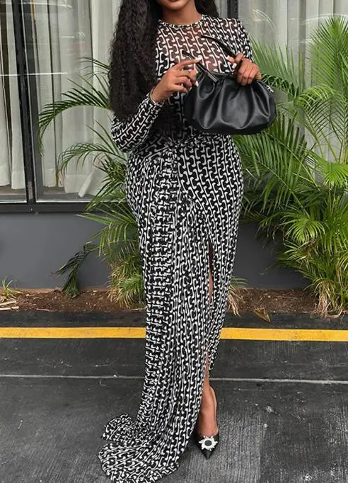 

Women's Dresses Mesh Panel Neckline Geometric Print Long Sleeve Waist Tied Detail Dress Female Casual Slim Slit Vacation Dress