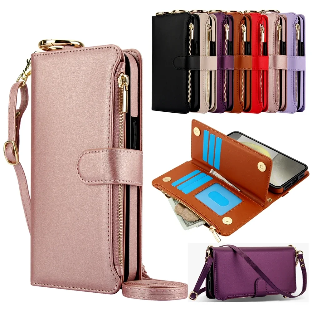 

Zipper Leather Wallet Case for Samsung Galaxy S24 Ultra S21 S22 S23 Plus A55 A15 A54 A14 A53 Flip Purse Ring Lanyard Phone Cover